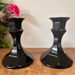 Vintage Indiana Glass Black Amethyst Candle Holders Pair Gothic Decor Art Deco S